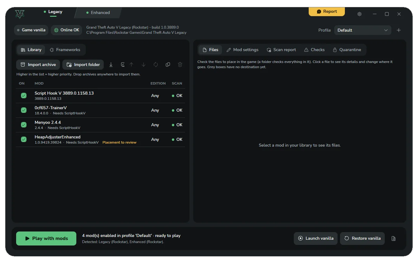 The V Mods Manager library with four enabled script mods, all scanned OK