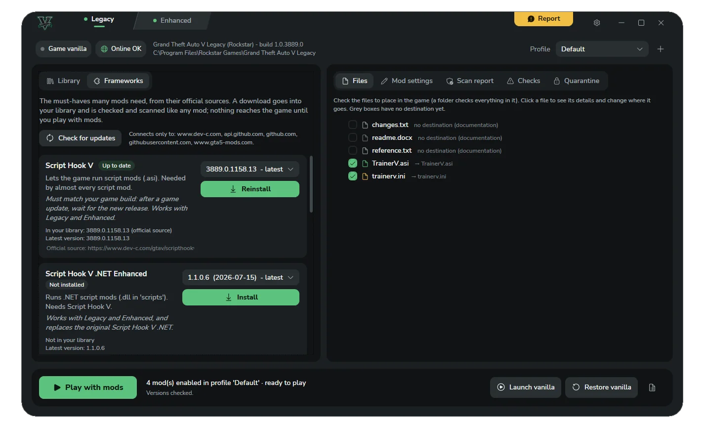 The Frameworks page showing Script Hook V up to date and Script Hook V .NET Enhanced ready to install, with the sites it connects to