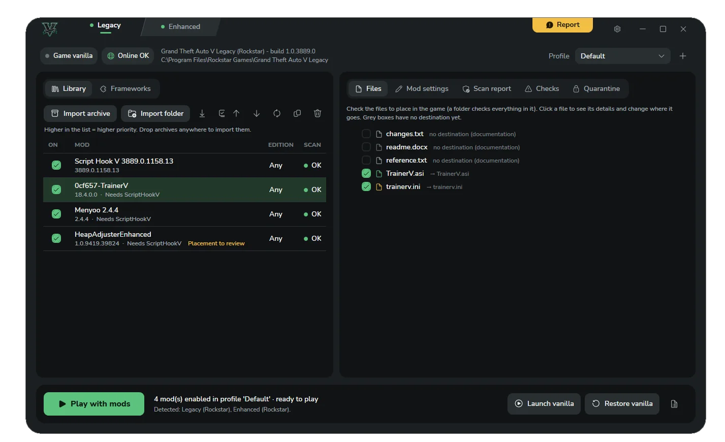 The library with four enabled mods, all scanned OK, and the Files tab listing which files of TrainerV go into the game
