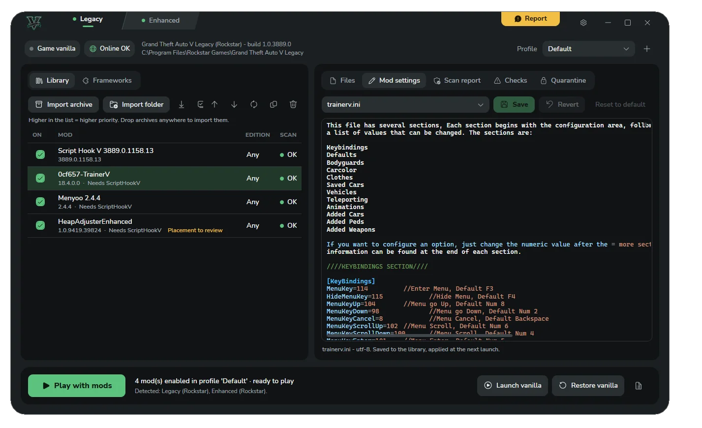 The Mod settings tab showing trainerv.ini in the built-in editor with syntax highlighting, and Save and Revert buttons