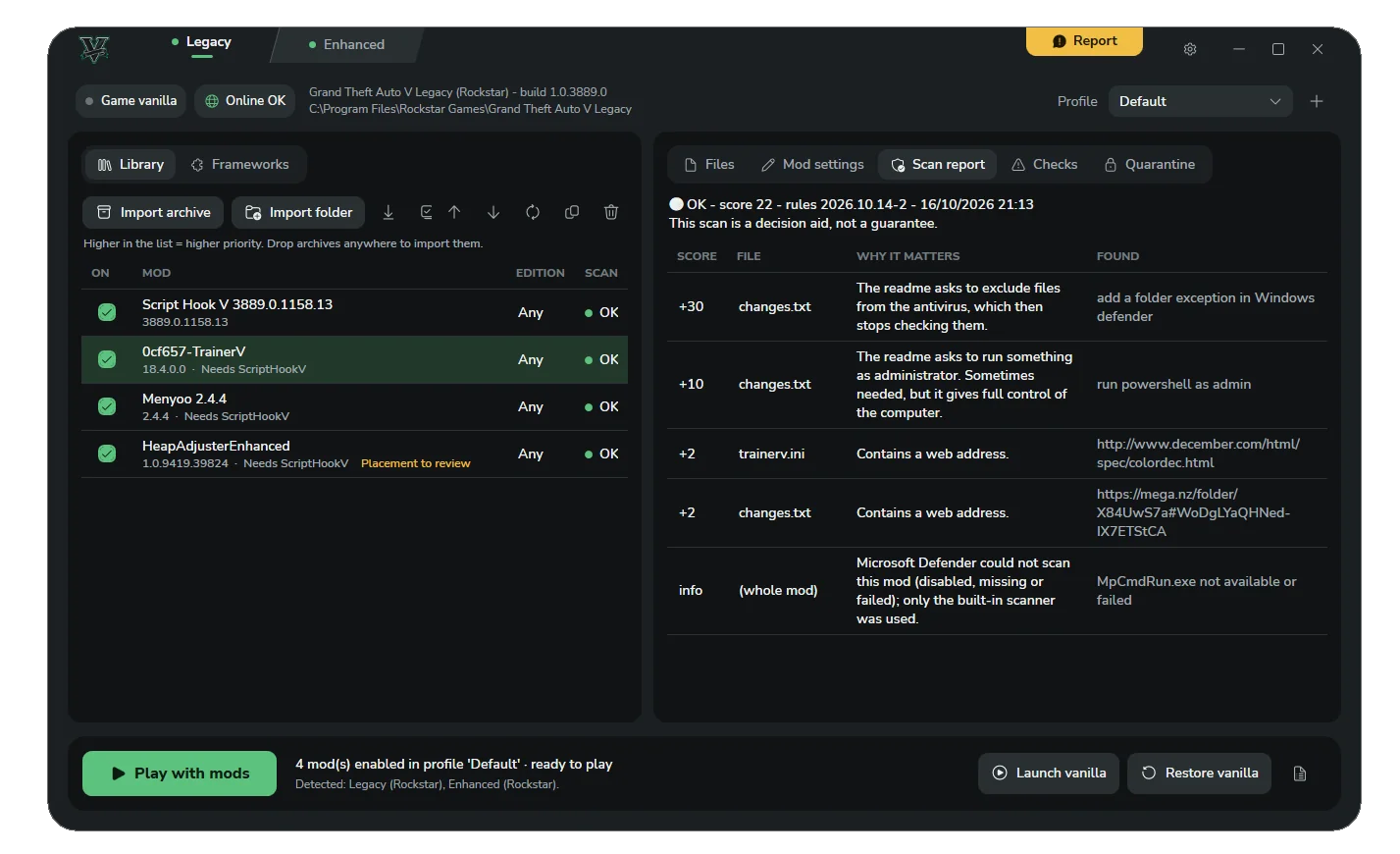 A scan report rated OK with a score of 22, listing each finding with the file, why it matters and what was found
